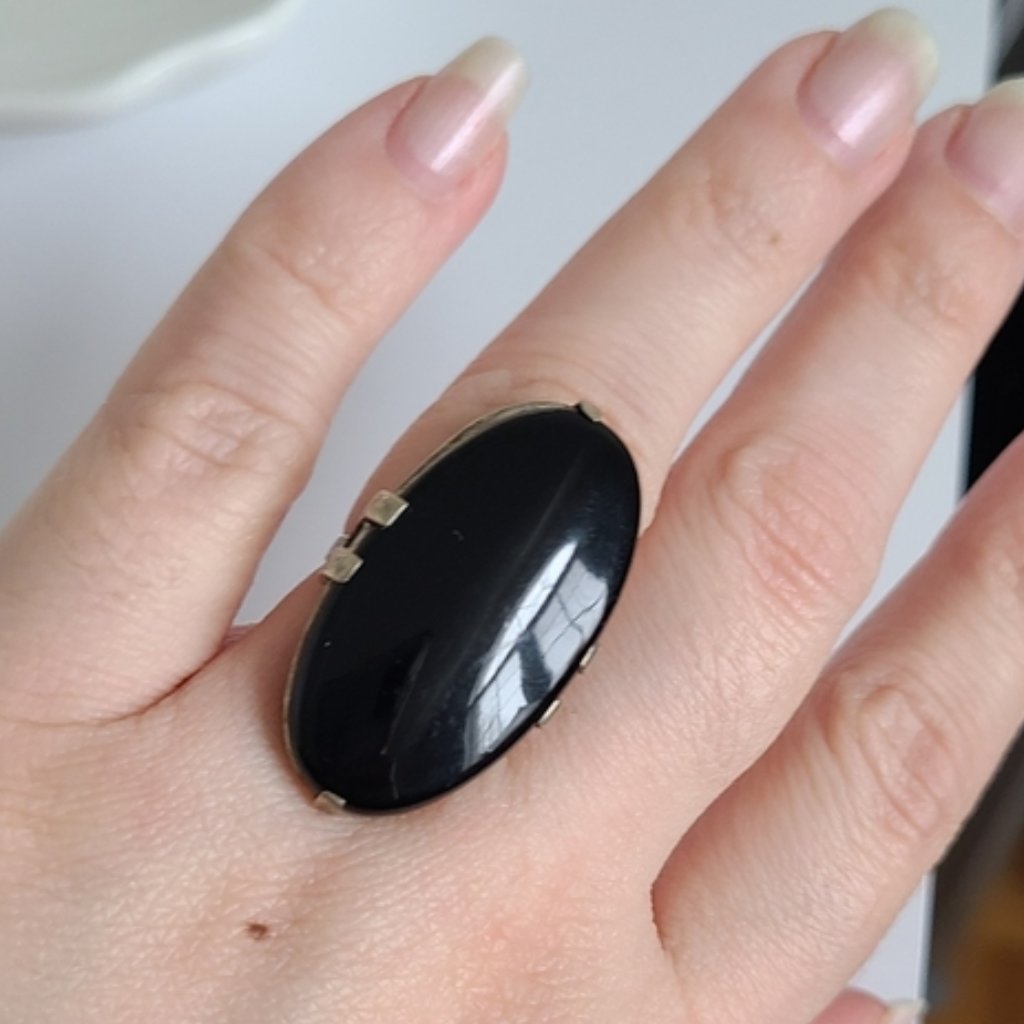 Vintage Sterling Silver Large Chunky Oval Boho Western Black Onyx Ring